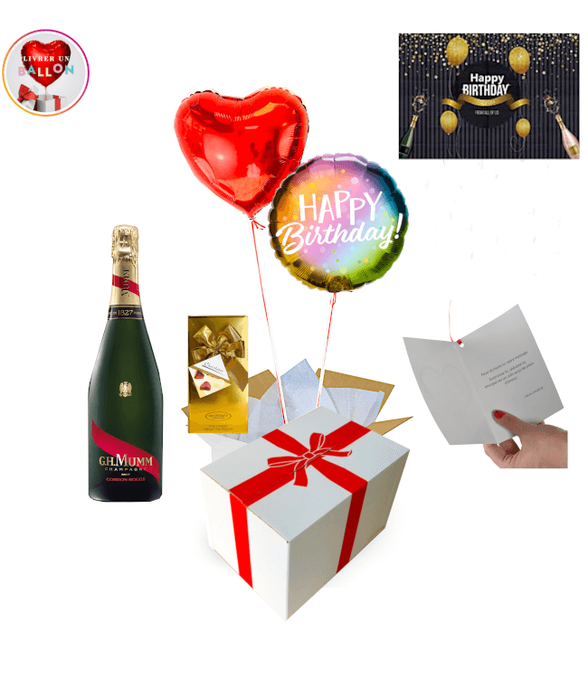 Image 1 Bouquet de Ballons Coeur à Personnaliser Rouge Happy Birthday+Champagne Mumm+Chocolats By Livrer un Ballon