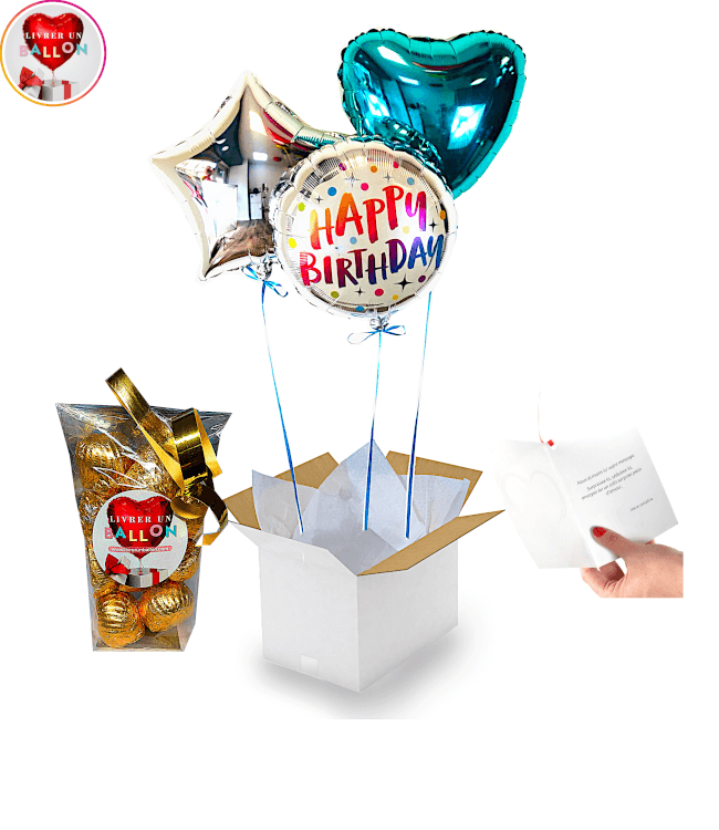 Image 1 Bouquet de Ballons Happy Birthday Argent+Ballotin de Chocolat 