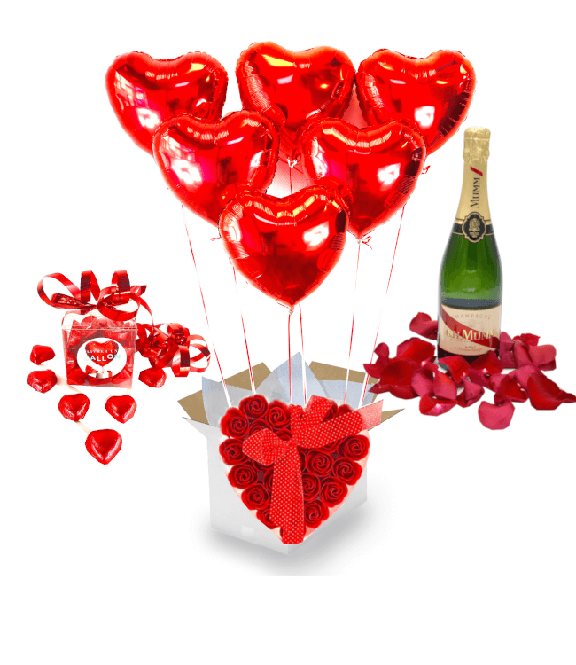 Image 1 Big Saint valentin 6 coeurs rouges+chocolat+24 roses rouges de savons+champagne Mumm