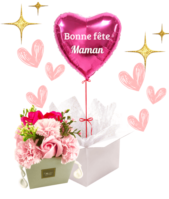 Image 1 Ballon coeur Bonne Fête Maman accompagné de son bouquet de roses de savons