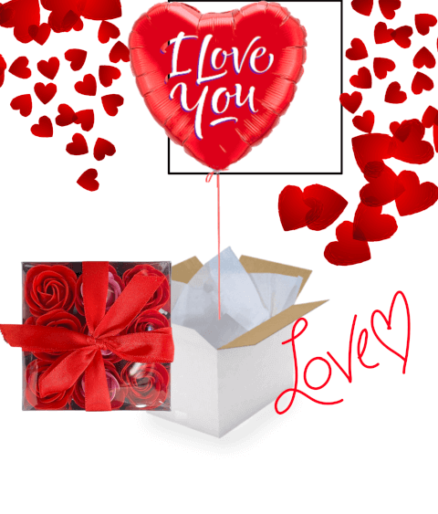 Ballon Coeur I LOVE YOU + Box De 9 Roses Rouges de Savon