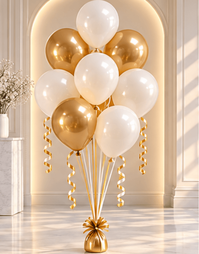 Image 1 Bouquet de 8 ballons gonflés à l’hélium – Doré & Blanc