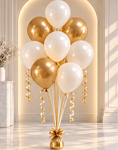 Bouquet de 8 ballons gonflés à l’hélium – Doré & Blanc