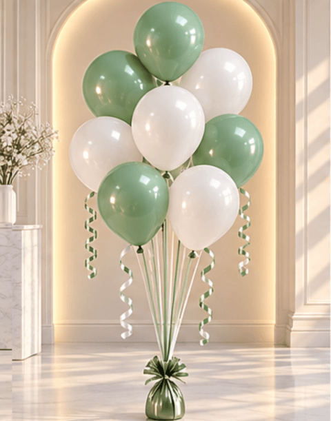 Bouquet de 8 ballons latex vert sauge & blanc – Gonflés à l’hélium
