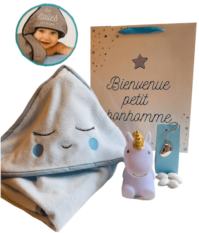 Image 1 Coffret naissance+Cape de bain+veilleuse Licorne+Ballotin de Dragés à la Guimauve