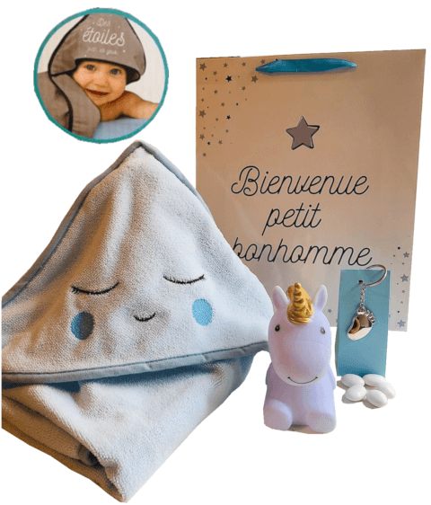 Image Coffret naissance+Cape de bain+veilleuse Licorne+Ballotin de Dragés à la Guimauve