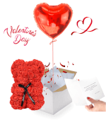 Ballon cœur rouge et ourson en roses de mousse avec carte personnalisée