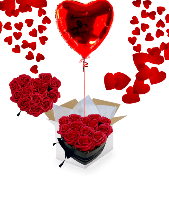 Image 1 Ballon coeur rouge + Box Coeur rempli de 13 Big Roses Rouges De savon