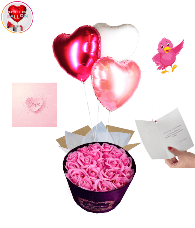 Image 1 Bouquet de 3 Ballons Rosés + Bouquet de Fleurs Savon Forever Love You By Livrer unBallon