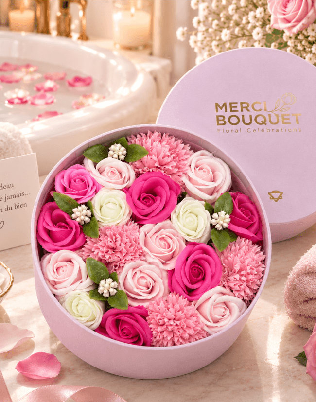 Image 1 Coffret cadeau de fleurs de savon roses – Un cadeau qui ne fane jamais