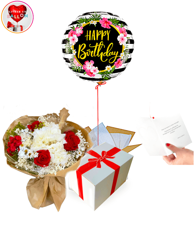 Image 1 Bouquet de Fleurs éternelles roses rouges + Ballon Happy Birthday By Livrer un ballon