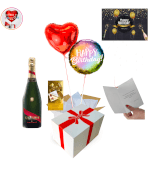 Vignette 1 Bouquet de Ballons Coeur à Personnaliser Rouge Happy Birthday+Champagne Mumm+Chocolats By Livrer un Ballon