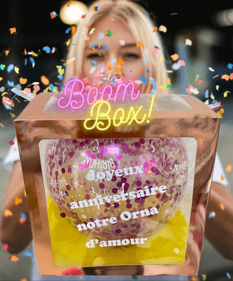 BOX Explosion Confettis,Bonbons Forains, Texte à personnaliser sur la Box  By Livrer un Ballon