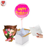 Vignette 1 Ballon Happy Birthday Solaire Rosé+Bouquet de Fleurs de Savon