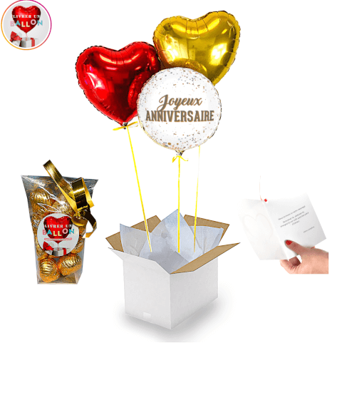 Bouquet de Ballons Joyeux Anniversaire Doré+Ballotin de Chocolat
