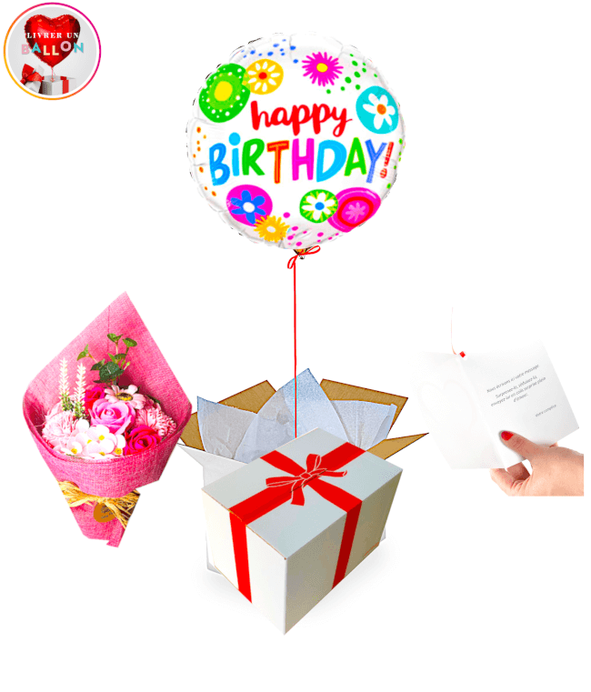 Image 1 Ballon Happy Birthday Fleuri! + Bouquet de Fleurs de Roses de Savons à Diluer dans un Bain By Livrer un Ballon