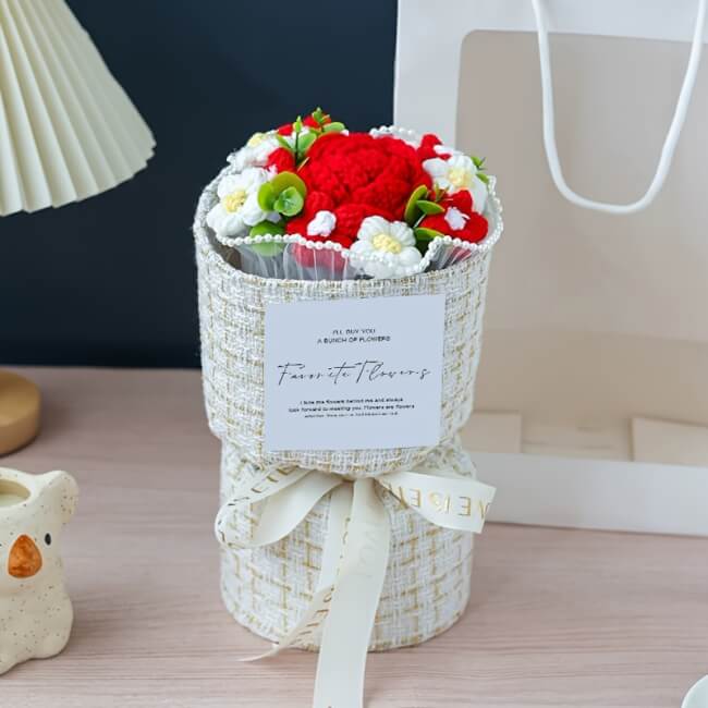 Image 1 Bouquet de fleurs au crochet rose rouge
