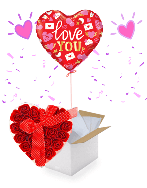 Ballon Cœur “I Love You” 45 cm & Cœur de 24 Roses Rouges de Savon