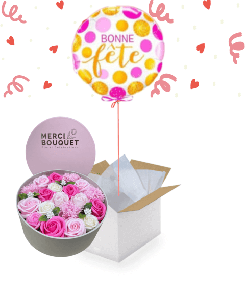 Ballon "Bonne Fête" et Bouquet de Fleurs en Savon – Une Surprise Élégante et Parfumée