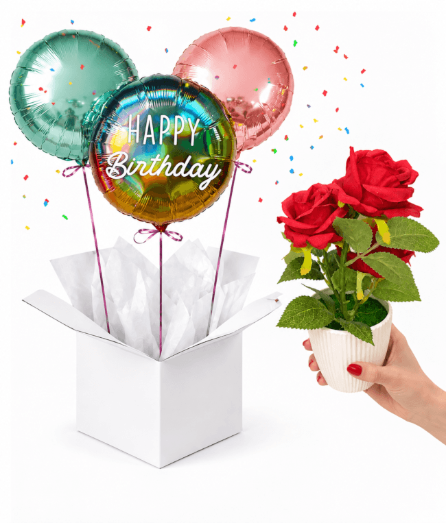 Image 1 Bouquet Anniversaire – 3 Ballons Happy Birthday & 3 Roses Rouges