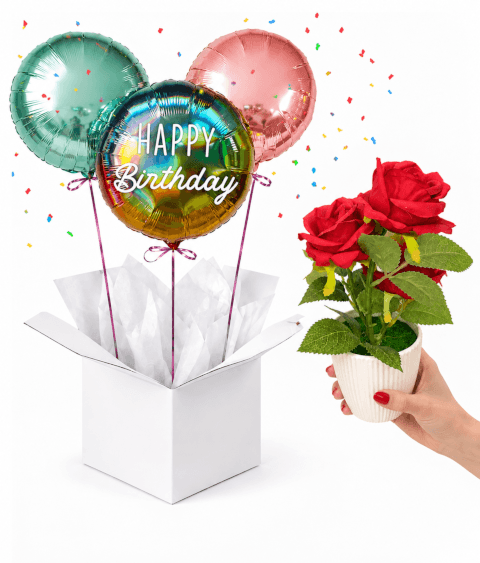 Bouquet Anniversaire – 3 Ballons Happy Birthday & 3 Roses Rouges