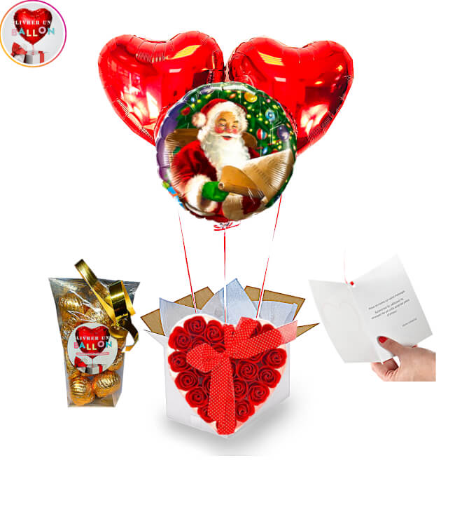 Image 1 Bouquet de Ballons Noel 2 cœurs Rouges+24 roses rouges de savon+Ballotin de Chocolat Belge By Livrer un Ballon