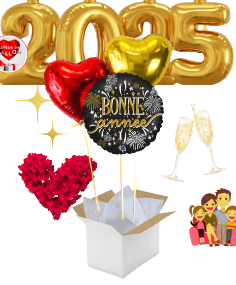 Bouquet de Ballons "Bonne Année" avec Cœurs Doré et Rouge Personnalisables