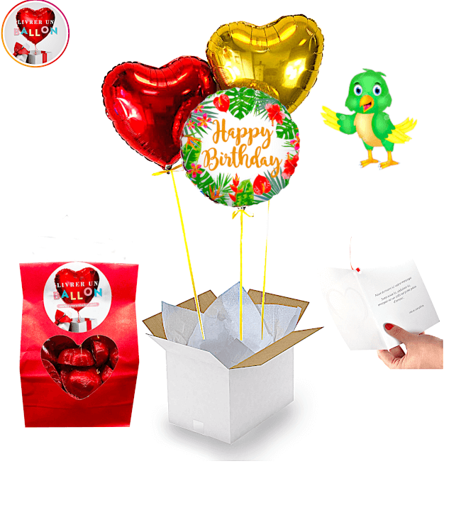 Image 1 Bouquet 2 Coeurs rouges et doré happy Birthday fleuri + Ballotin de chocolat By Liver un Ballon