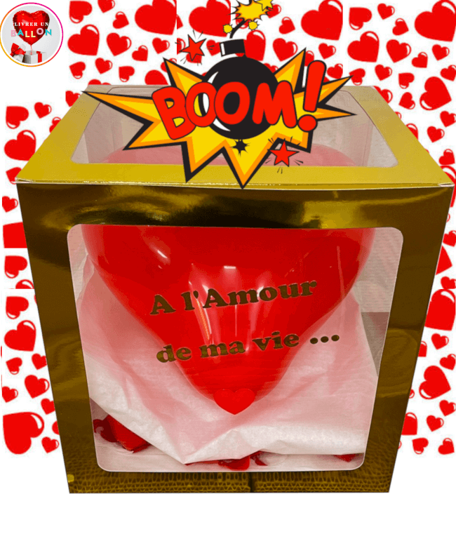 Image 1 BOOM LOVE BOX 35X35X35!Explosion confettis coeur rouges!accompagnée de 12 roses rouges de savon,Texte à personnaliser sur la Box By Livrer un Ballon