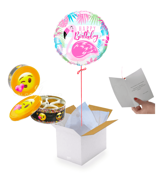 Image 1 Ballon Happy Birthday Flamant Rose+Boite Emoji Cookies