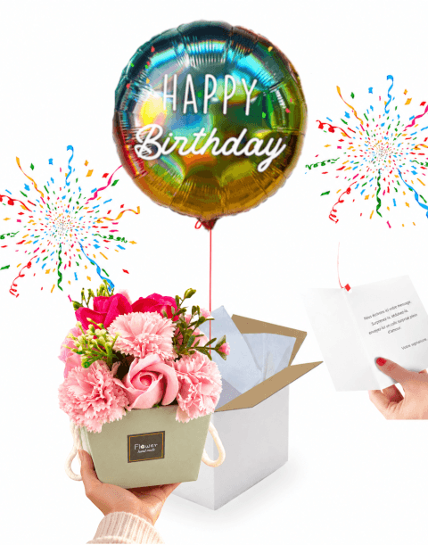 Box Anniversaire Ballon Happy Birthday et Bouquet de Fleurs en Savon 