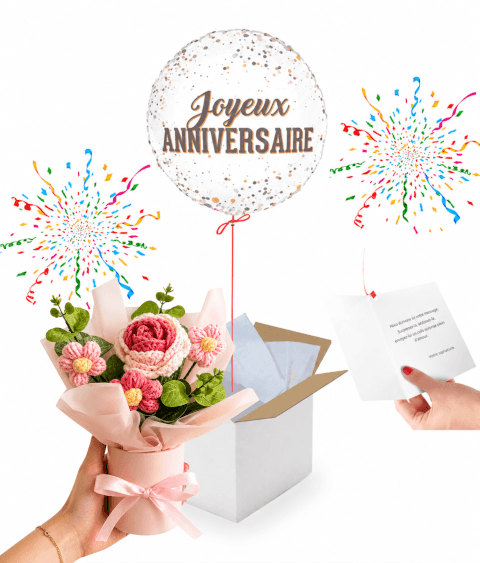 Ballon « Joyeux Anniversaire » & Fleurs au Crochet
