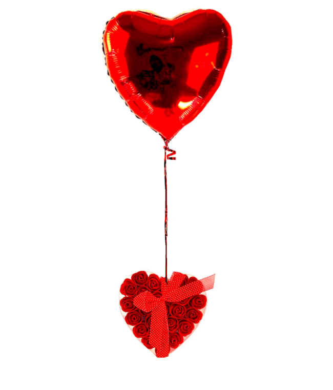 Image 1 Ballon coeur rouge +24 fleurs de roses rouge de savon