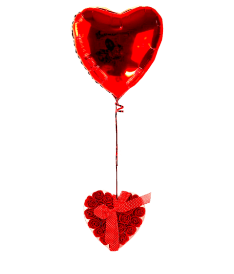 Ballon coeur rouge +24 fleurs de roses rouge de savon