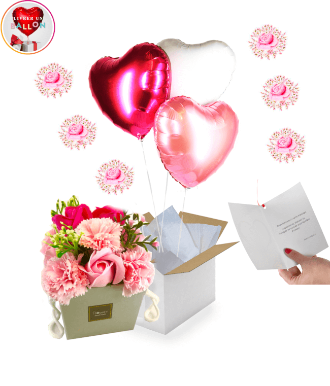 Image 1 Bouquet de 3 coeurs Roses à Personnaliser et son Bouquet de Fleurs de Savons by Livrer un Ballon