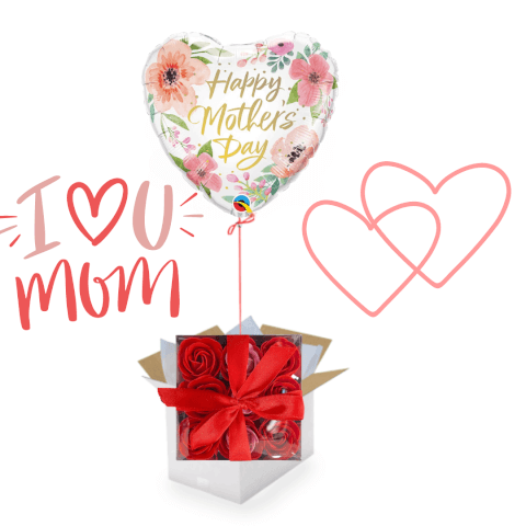 Ballon "Happy Mother's Day" avec Coffret de 9 Roses Rouges en Savon