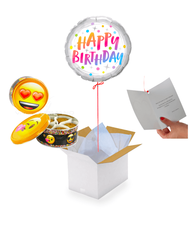 Image 1 Ballon Happy Birthday Argent +Boite Emoji Cookies