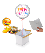Vignette 1 Ballon Happy Birthday Argent +Boite Emoji Cookies