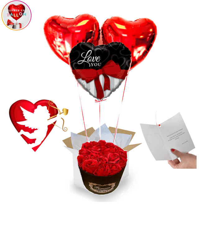 Image 1 Bouquet de Ballons Love you 2 Coeurs Rouges + Bouquet de Fleurs Forever Love you