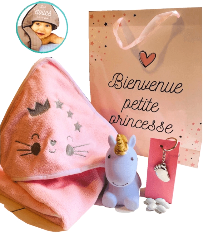 Image 1 Coffret naissance Fille +Cape de bain+veilleuse Licorne+Ballotin de Dragés à la Guimauve.  Livrer un Ballon