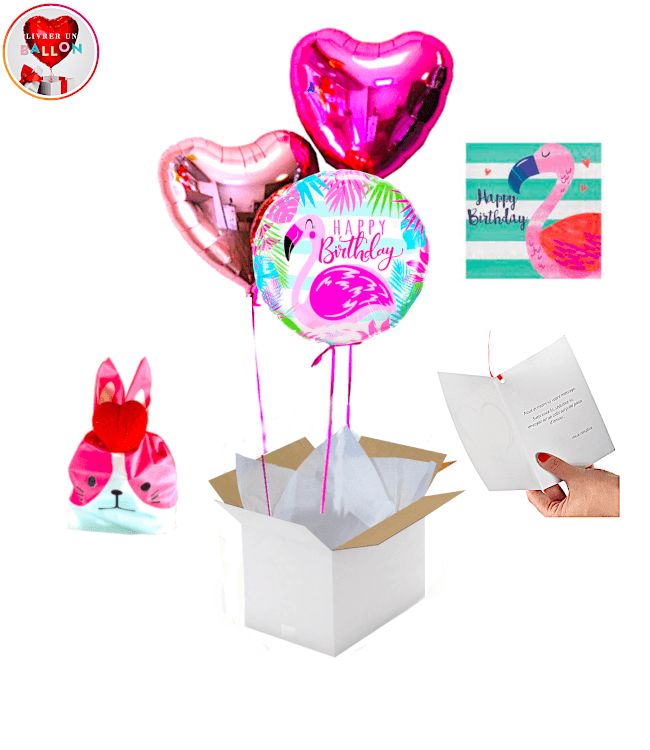 Image 1 Bouquet de Ballons Happy Birthday Flamand Rose +Ballotin de Big Fraise Tagada By Livrer un Ballon