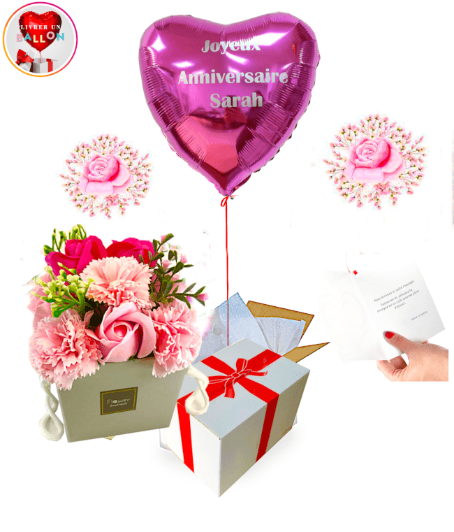 Image 1 Ballon Coeur Rose à Personnaliser+ Bouquet de Fleurs de Savons By Livrer un Ballon