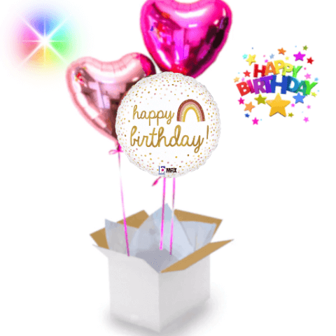 Bouquet de Ballons "Happy Birthday" Arc-en-Ciel avec Cœurs – Gonflés à l’Hélium