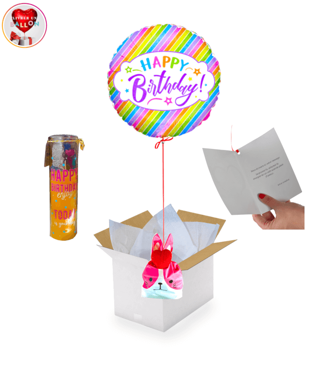 Image 1 Ballon Happy Birthday Arc en ciel+Bougie Anniversaire+Ballotin de fraise Tagada