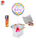 Vignette 1 Ballon Happy Birthday Arc en ciel+Bougie Anniversaire+Ballotin de fraise Tagada