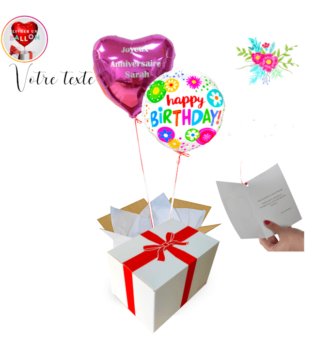 Image 1 Bouquet de 2 Ballons Happy Birthday Fleury+Ballon Coeur rose à Personnaliser By  Livrer un Ballon
