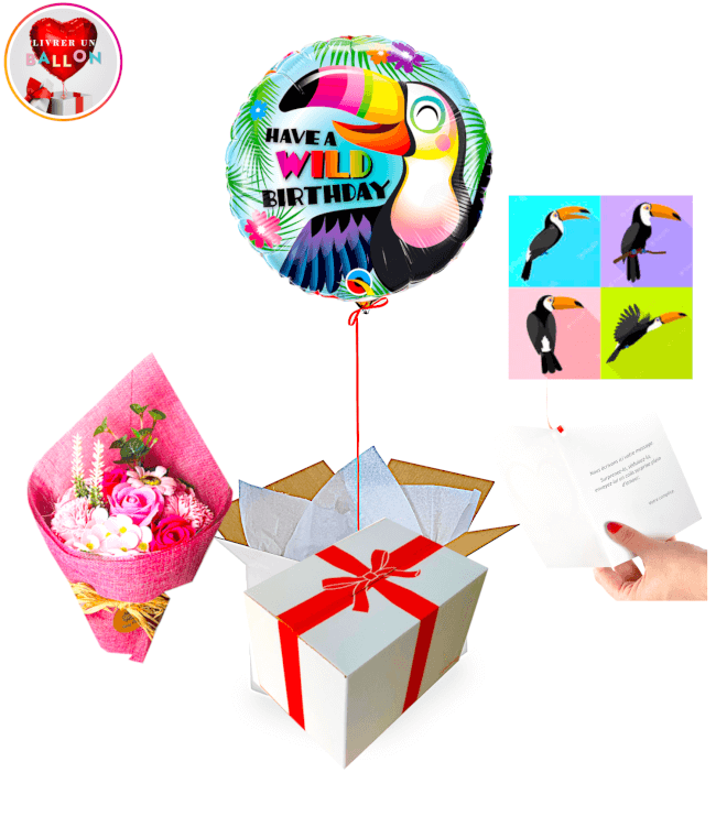 Image 1 Ballon Happy Birthday Toucan + Bouquet de Fleurs de Roses Savon By Livrer un Ballon