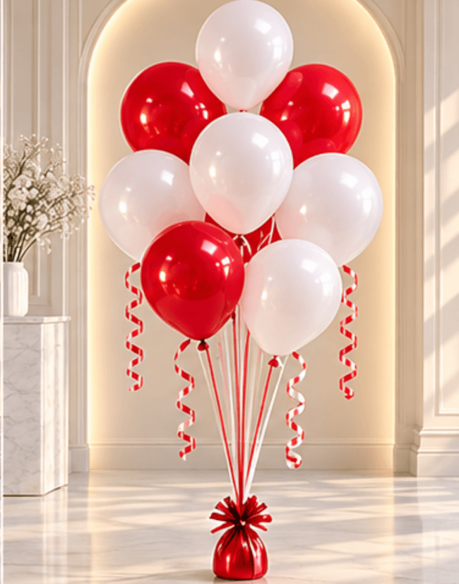 Image 1 Bouquet de 8 ballons latex rouge & blanc – Gonflés à l’hélium