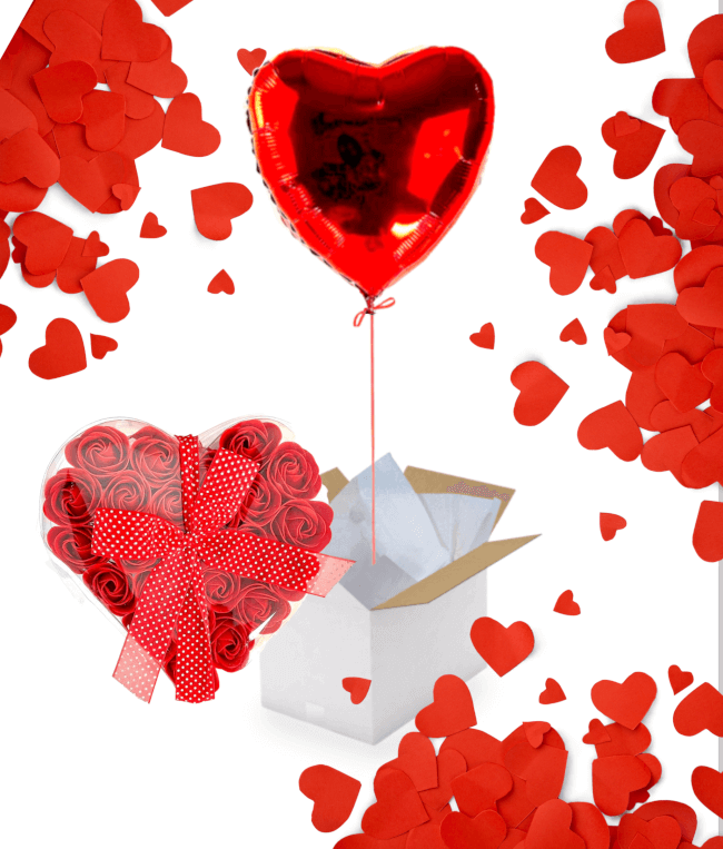 Image 1 Ballon coeur rouge accompagné d'un coeur 24 roses rouges de savon