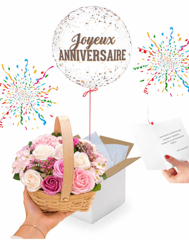 Image 1 Box Anniversaire Ballon joyeux anniversaire et Bouquet de Fleurs en Savon